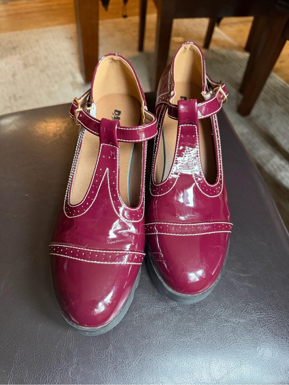 Patent T-Strap Loafers in Berry